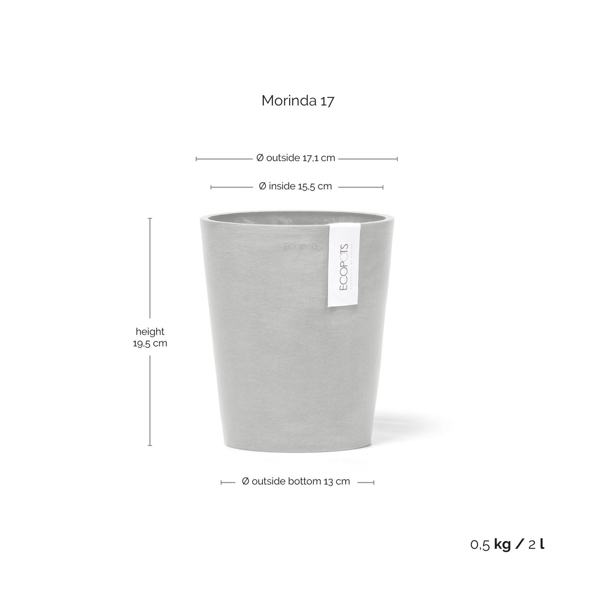 Kukkaruukku Morinda 17cm valkoharmaa – mittapiirros