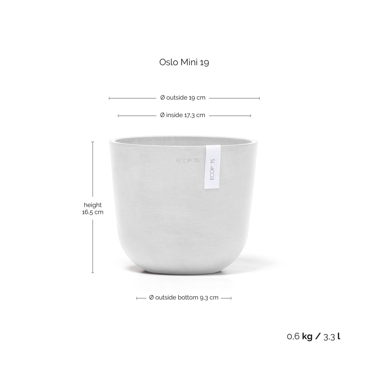 Kukkaruukku Oslo 19cm valkoinen – mittapiirros