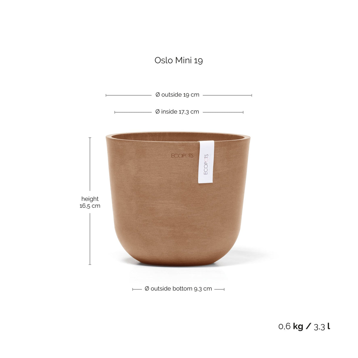 Kukkaruukku Oslo 19cm terracotta – mittapiirros