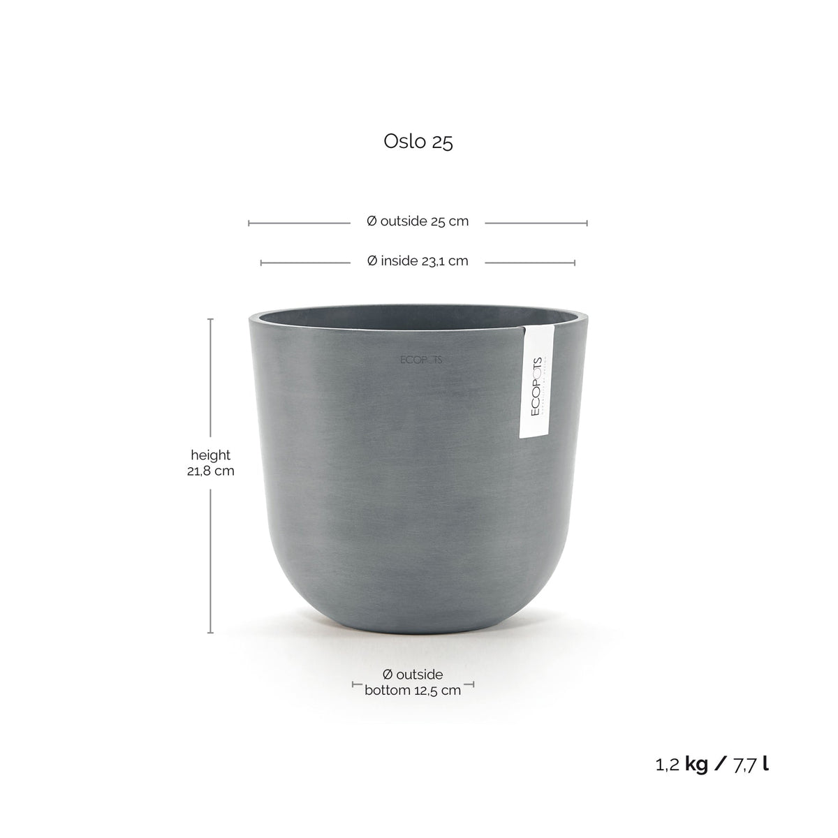 Kukkaruukku Oslo 25cm siniharmaa – mittapiirros