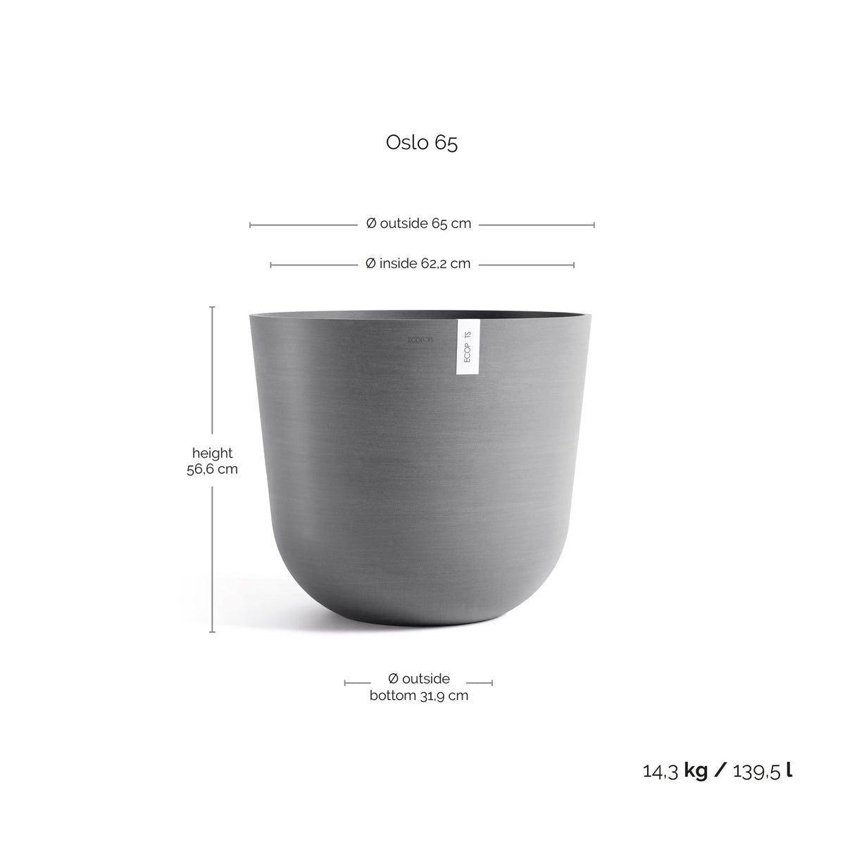 Kukkaruukku Oslo 65cm harmaa – mittapiirros