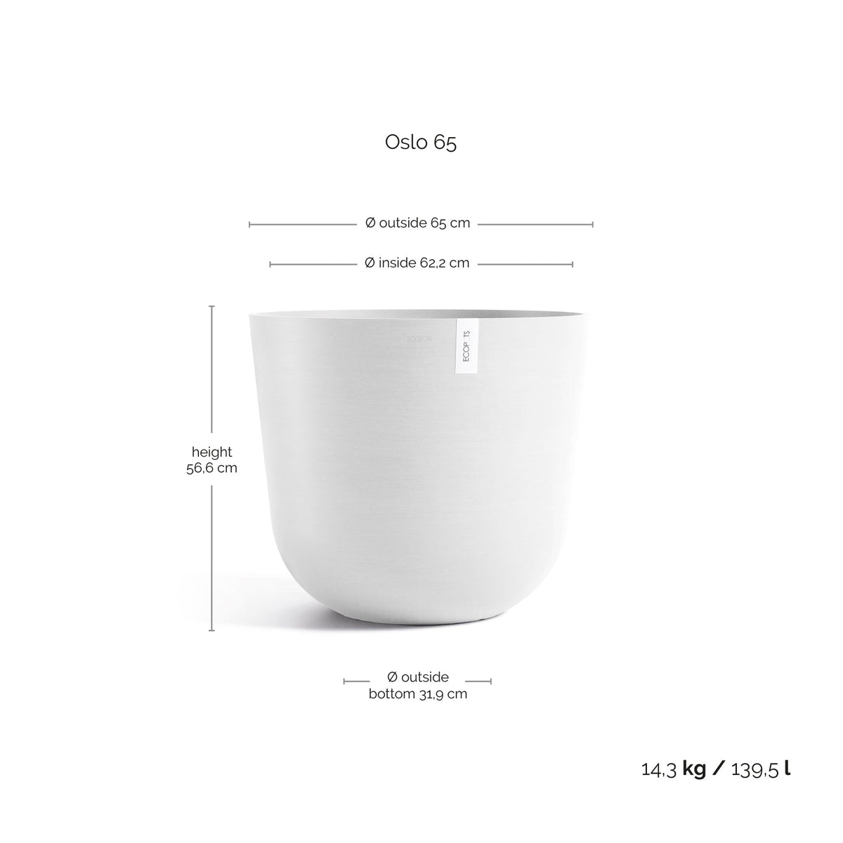 Kukkaruukku Oslo 65cm valkoinen – mittapiirros