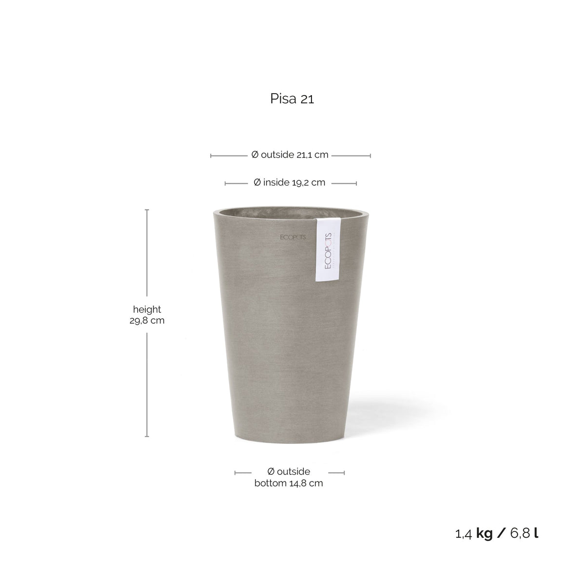 Kukkaruukku Pisa 21cm taupe – mittapiirros