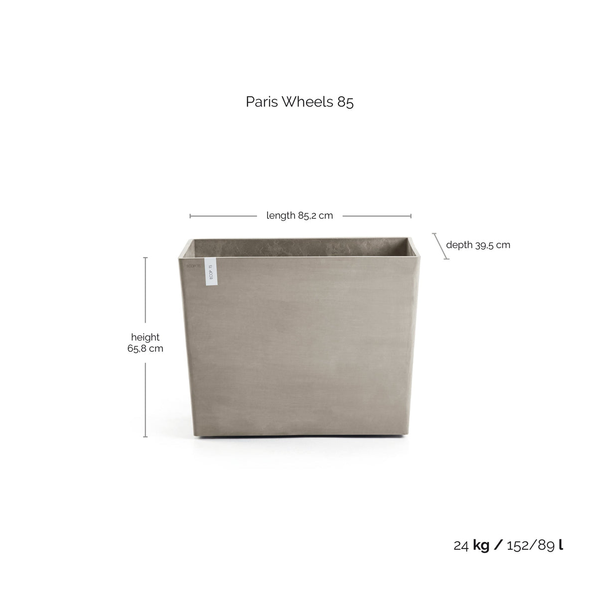 Kukkaruukku Pariisi pyörillä 85cm taupe – mittapiirros