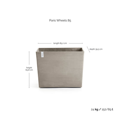 Kukkaruukku Pariisi pyörillä 85cm taupe – mittapiirros