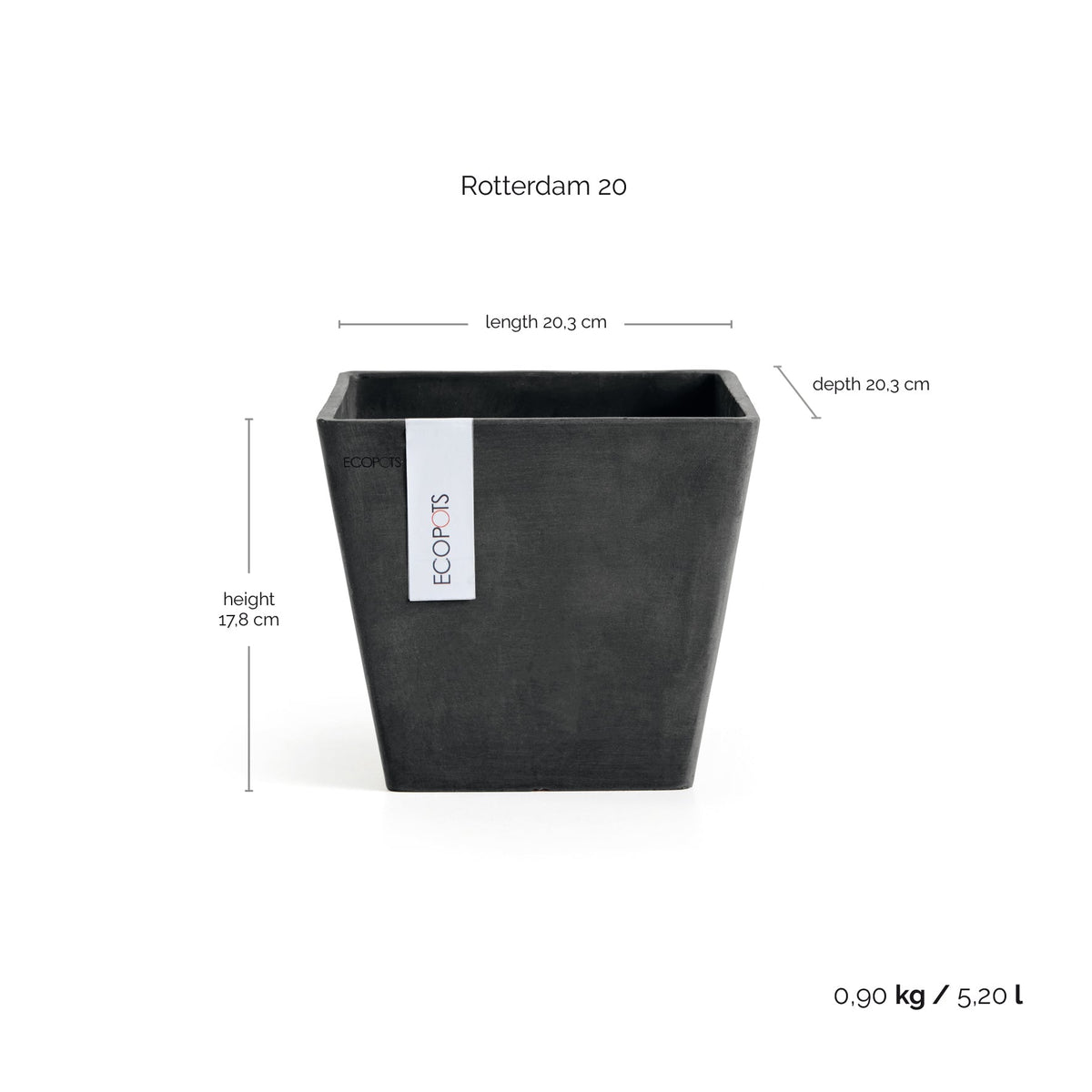 Kukkaruukku Rotterdam 20cm tummanharmaa – mittapiirros