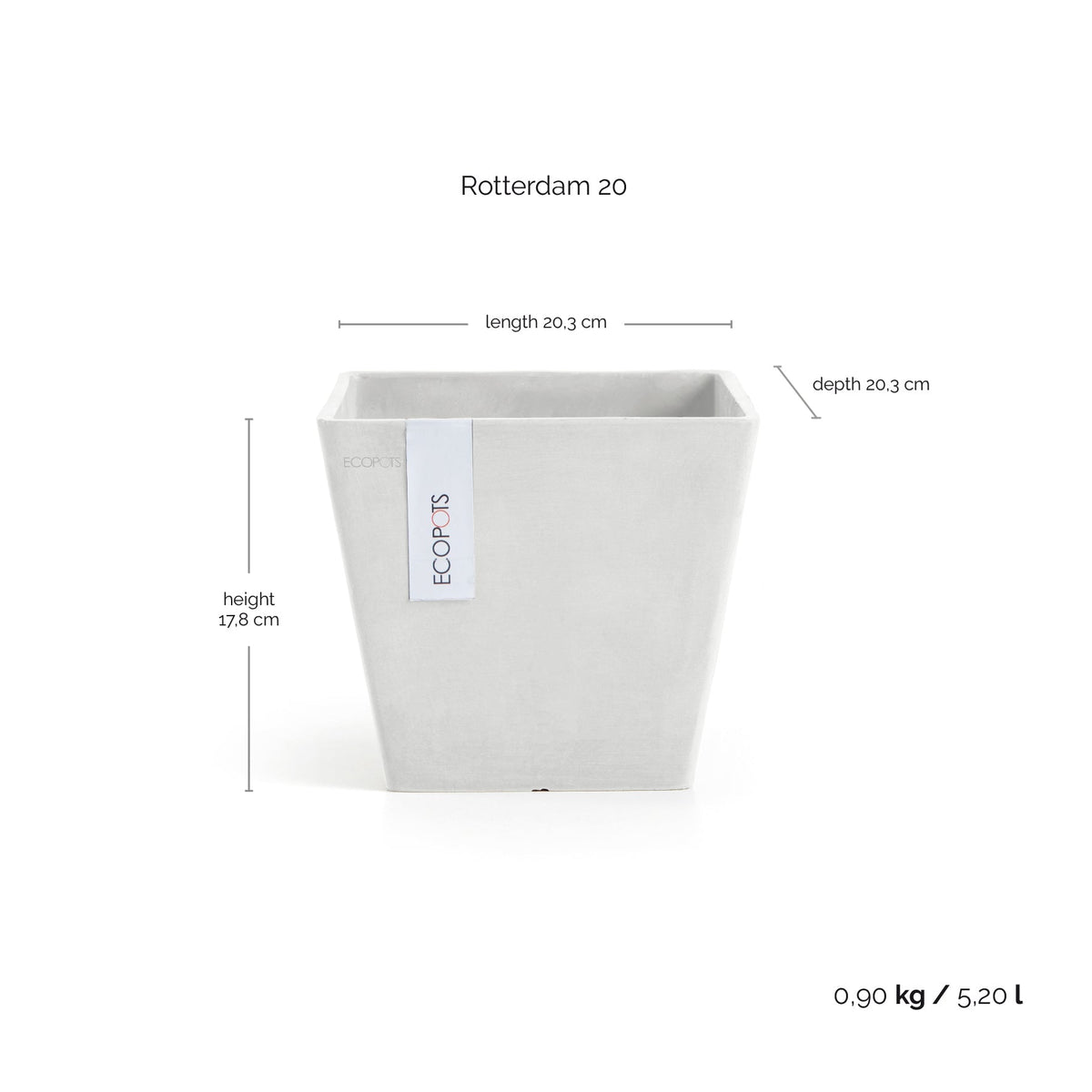 Kukkaruukku Rotterdam 20cm valkoinen – mittapiirros