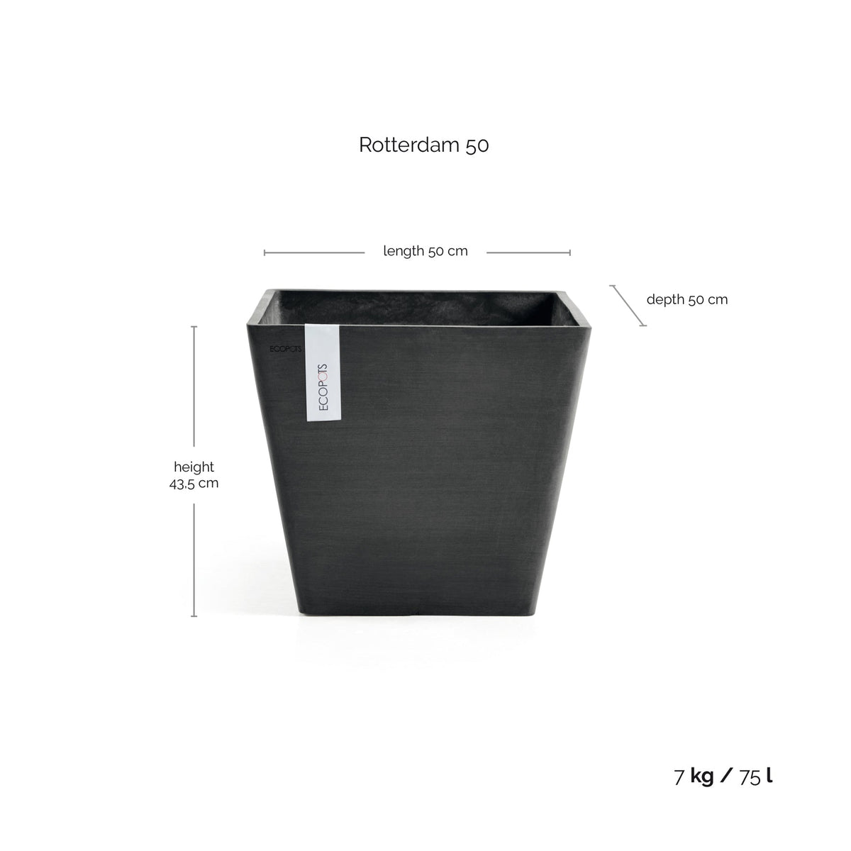 Kukkaruukku Rotterdam 50cm tummanharmaa – mittapiirros
