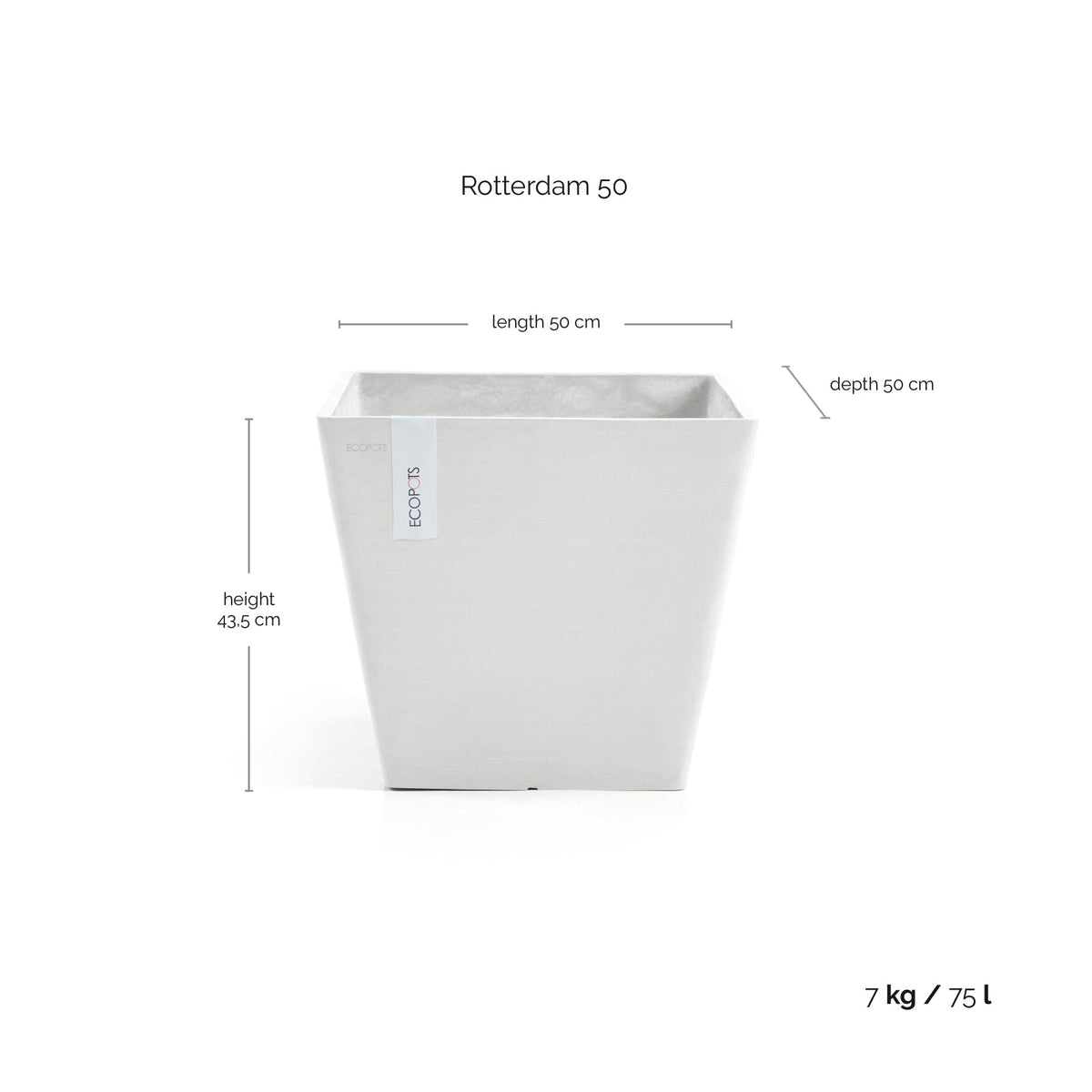 Kukkaruukku Rotterdam 50cm valkoinen – mittapiirros