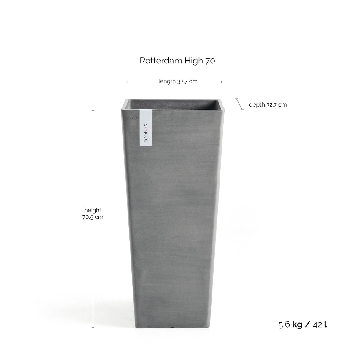 Kukkaruukku Rotterdam korkea 70cm harmaa – mittapiirros