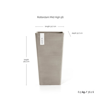 Kukkaruukku Rotterdam keskikorkea 56cm taupe – mittapiirros