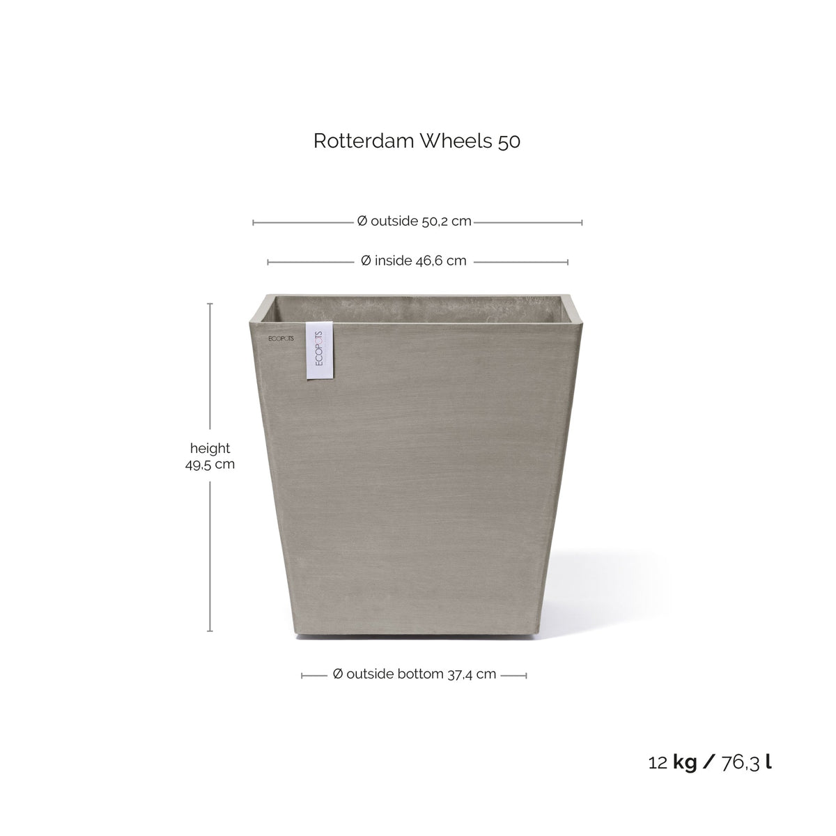 Kukkaruukku Rotterdam pyörillä 50cm taupe – mittapiirros