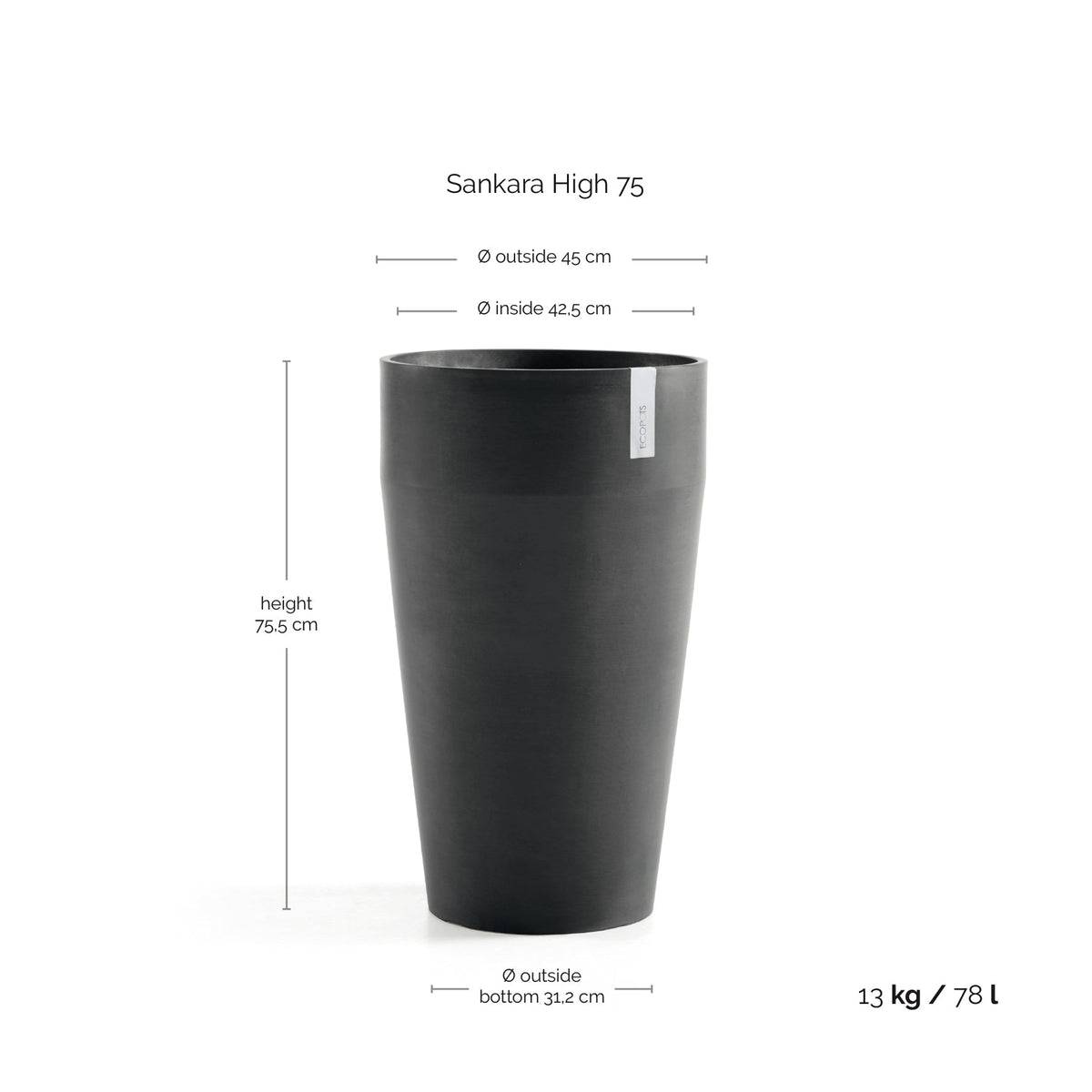 Kukkaruukku Sankara korkea 75cm tummanharmaa – mittapiirros