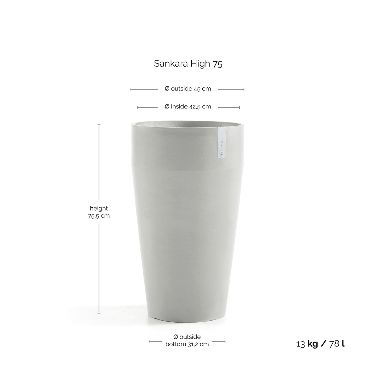 Kukkaruukku Sankara korkea 75cm valkoharmaa – mittapiirros