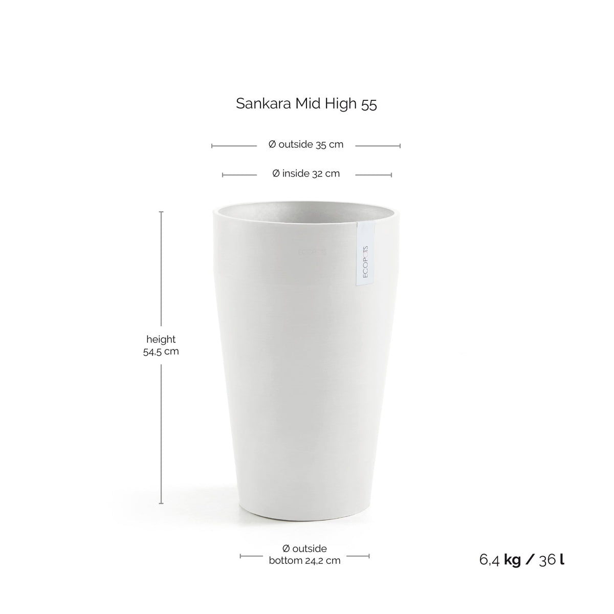 Kukkaruukku Sankara keskikorkea 55cm valkoinen – mittapiirros