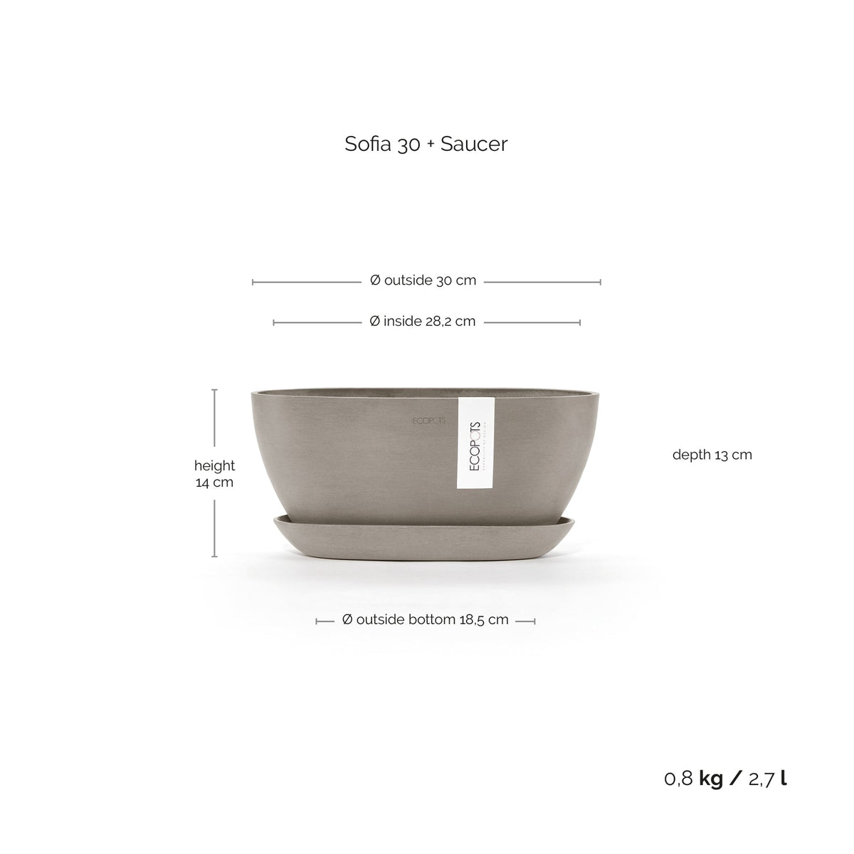 Kukkaruukku Sofia 30cm taupe & aluslautanen – mittapiirros
