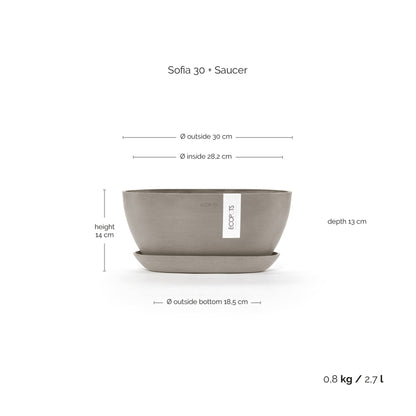 Kukkaruukku Sofia 30cm taupe & aluslautanen – mittapiirros