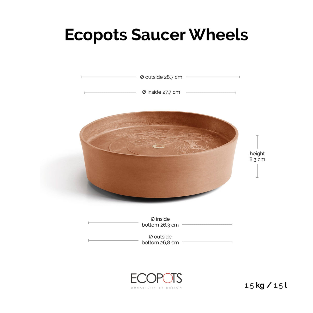 Aluslautanen Amsterdam pyörillä 30cm terracotta – mittapiirros