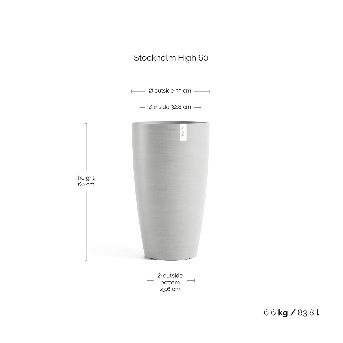 Kukkaruukku Tukholma korkea 60cm valkoharmaa – mittapiirros