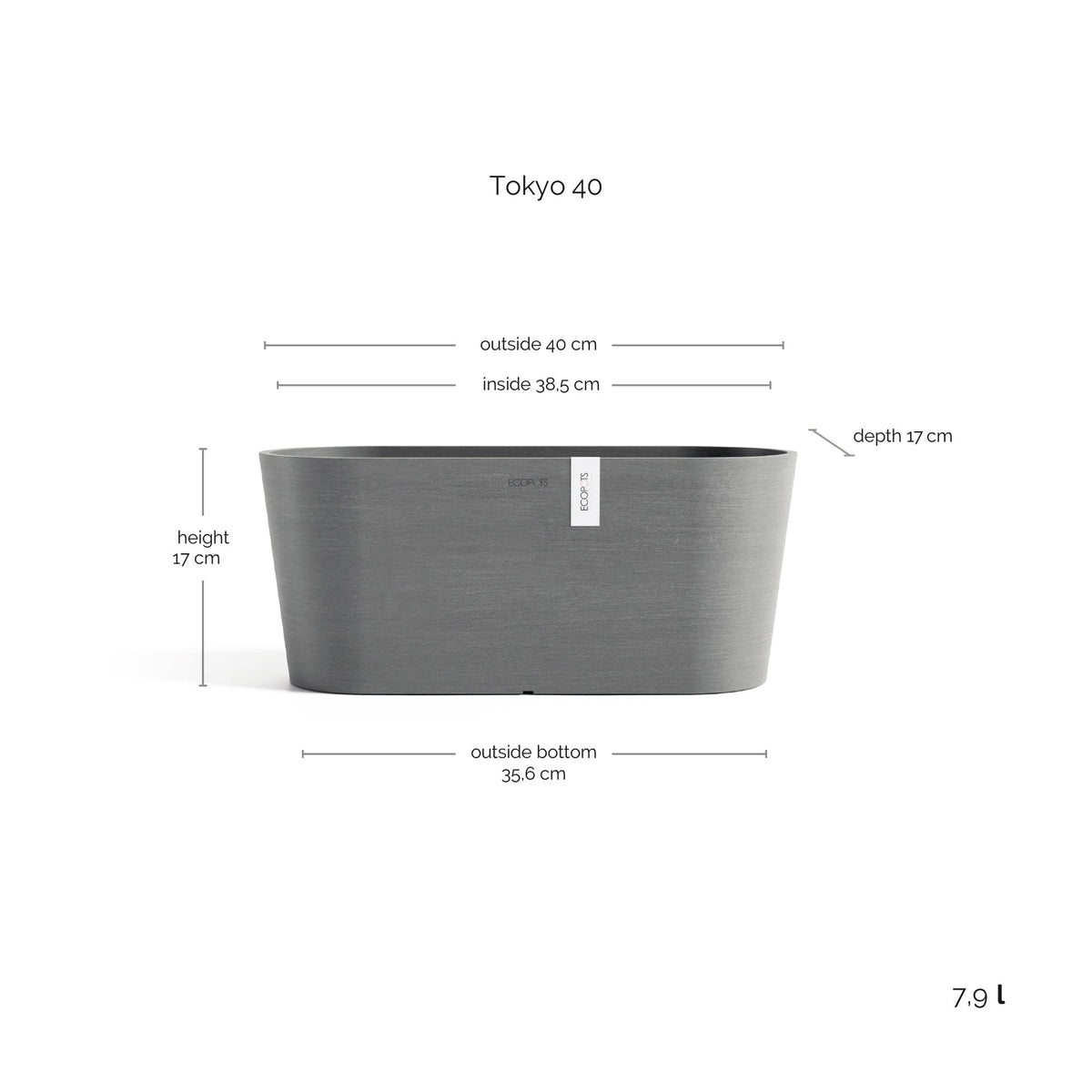 Kukkaruukku Tokio 40cm harmaa – mittapiirros