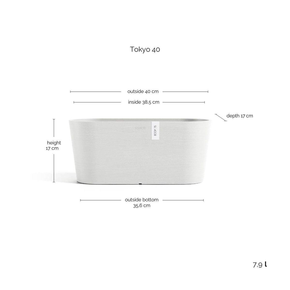 Kukkaruukku Tokio 40cm valkoinen – mittapiirros