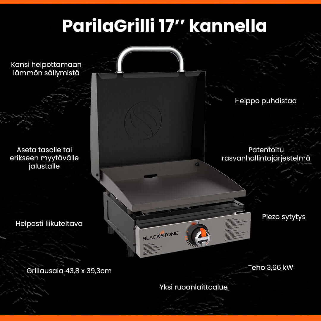 Blackstone 17 tuuman ParilaGrilli kannella, kannettava pöytäparila, tehokkaalla Piezo sytytyksellä ja lämpöä säilyttävällä kannella.