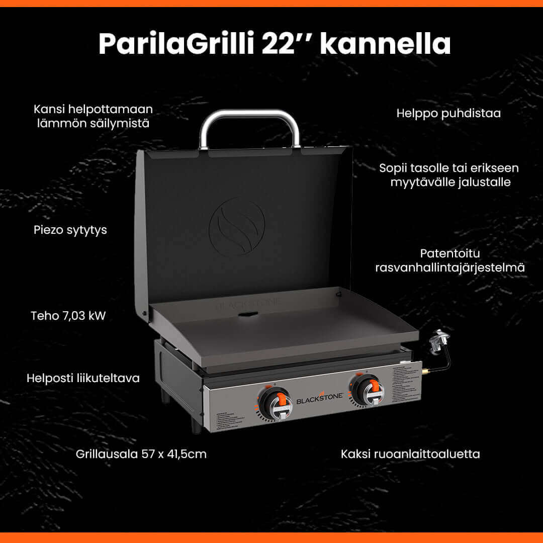 Blackstone 22” ParilaGrilli kannella tarjoaa 7,03 kW tehon, helpon puhdistuksen, Piezo sytytyksen ja liikuteltavuuden 57 x 41,5 cm grillialalla.