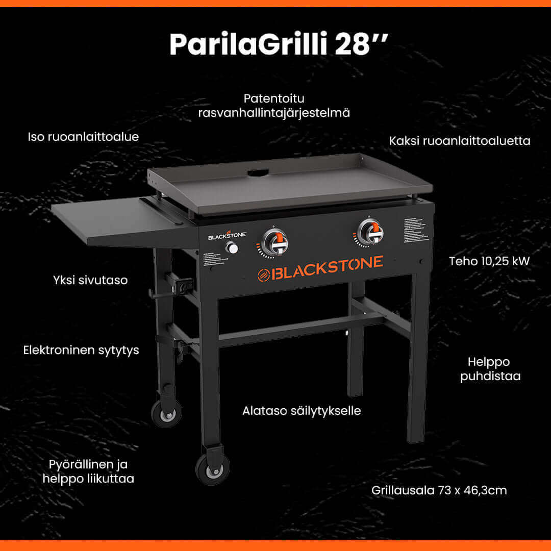 Blackstone 28” ParilaGrilli, kaksiruoanlaittoaluetta, iso ruoanalaittoalue, teho 10,25 kW, elektroninen sytytys, pyörällinen, helppo puhdistaa