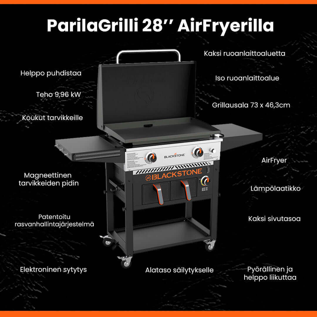 Blackstone 28” ParilaGrilli AirFryerilla, 2-polttiminen sähkö, 3400 cm² grillauspinta, AirFryer, helppo puhdistaa, magneettinen pidin, pyörät.