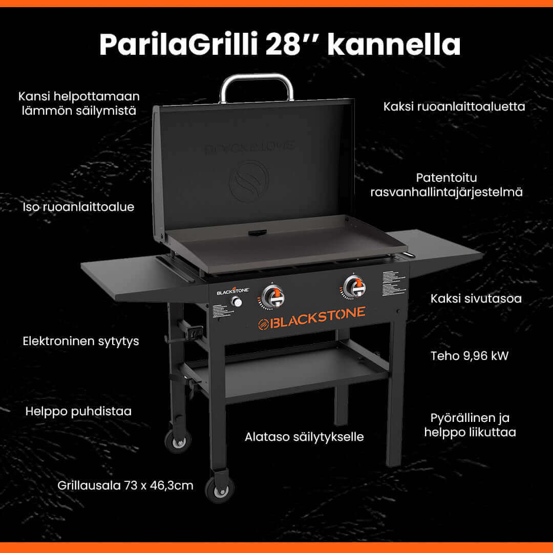 Blackstone 28 tuuman ParilaGrilli kannella, kaksi ruoalaittoaluetta, 9,96 kW teho, elektroninen sytytys, helppo puhdistaa, pyörillä liikkuva