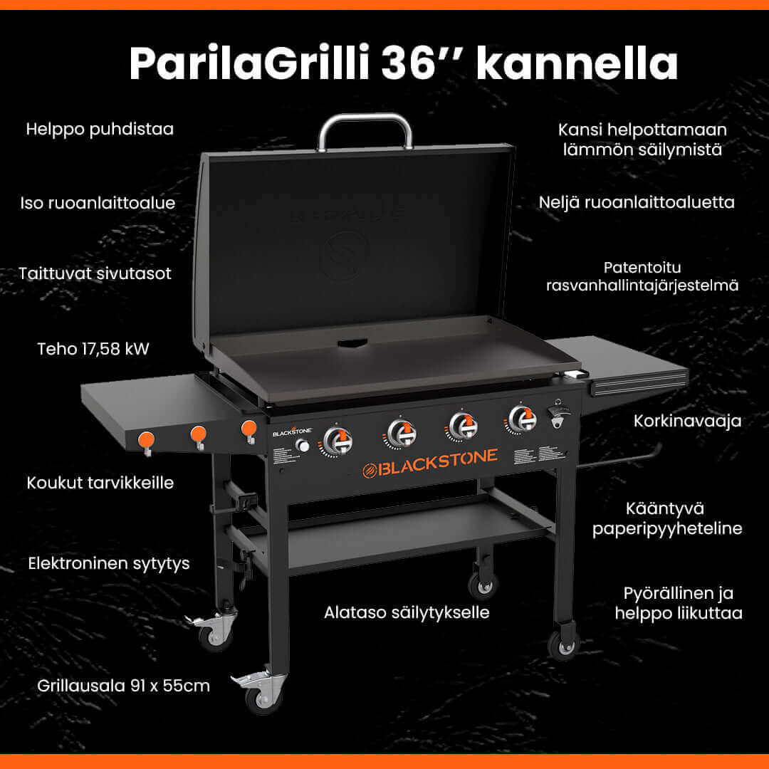 Blackstone 36” ParilaGrilli kannella, ulkokeittiöasema neljällä itsenäisellä lämmönjakoalueella ja käytännöllisillä sivutasoilla.