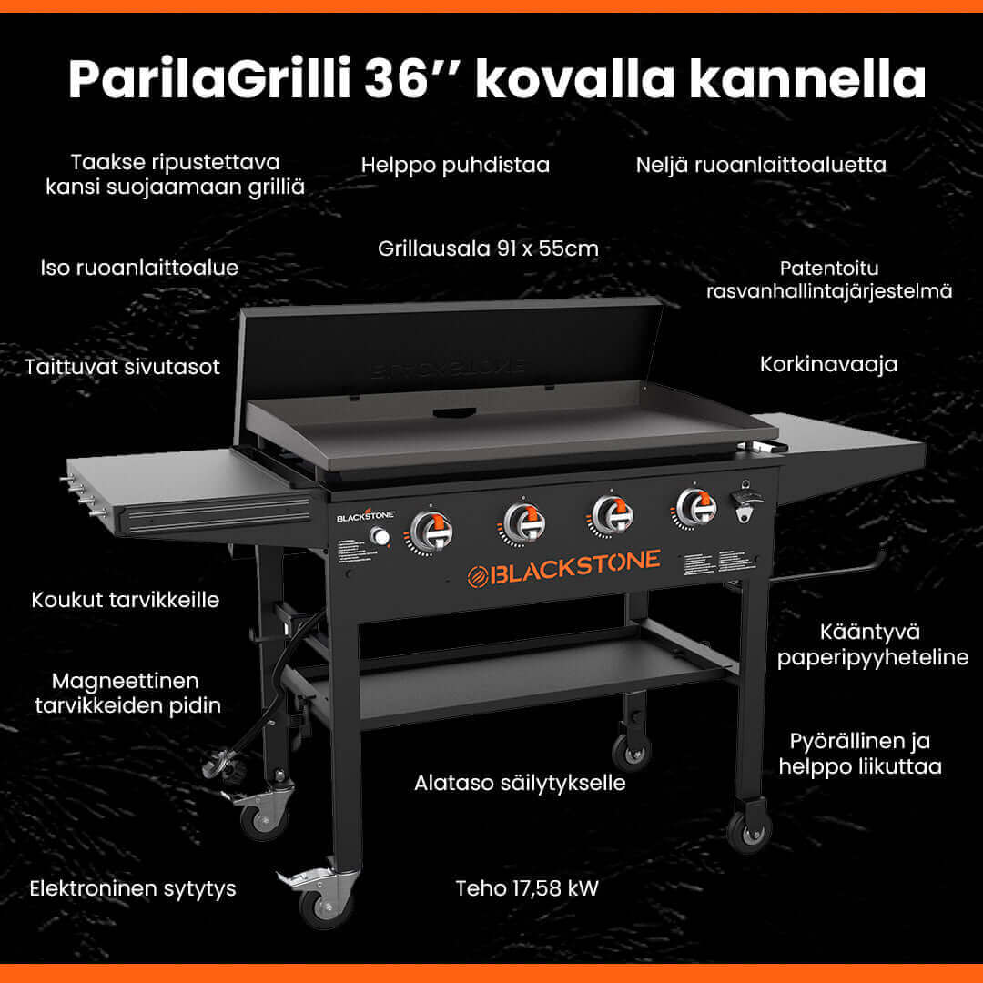 Blackstone 36” ParilaGrilli kovalla kannella ja useilla ominaisuuksilla, kuten 91 x 55 cm grillausala, korkinavaaja ja magneettinen pidike