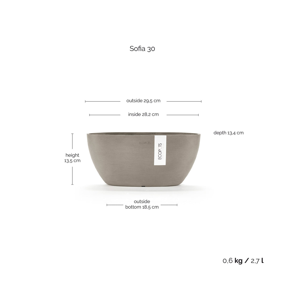 Kukkaruukku Sofia 30cm taupe – mittapiirros