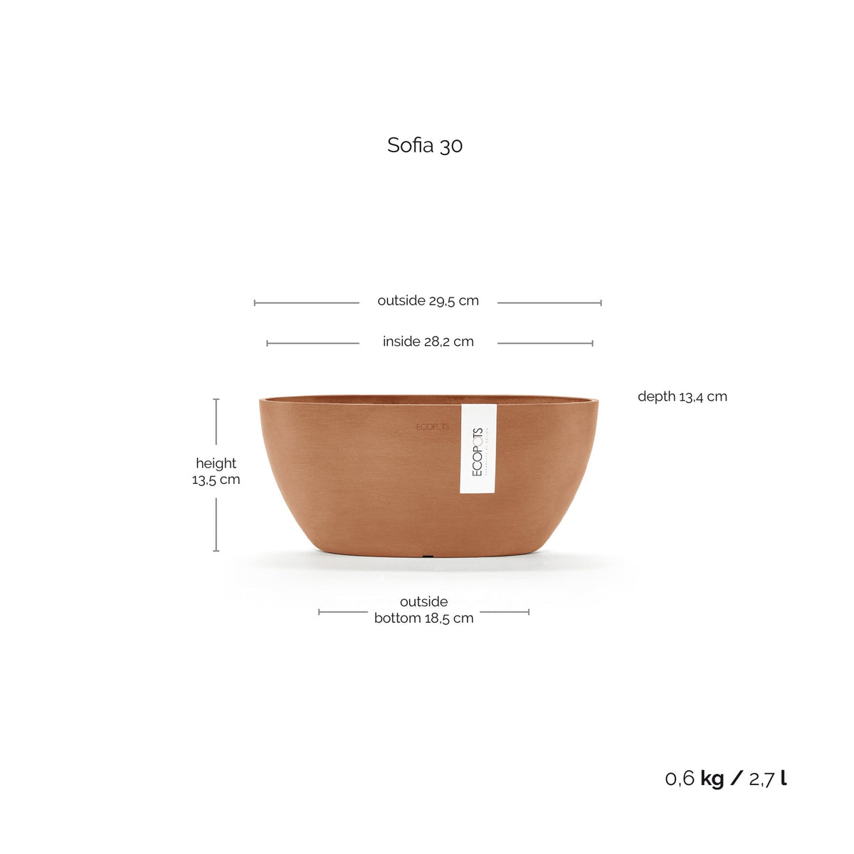 Kukkaruukku Sofia 30cm terracotta – mittapiirros
