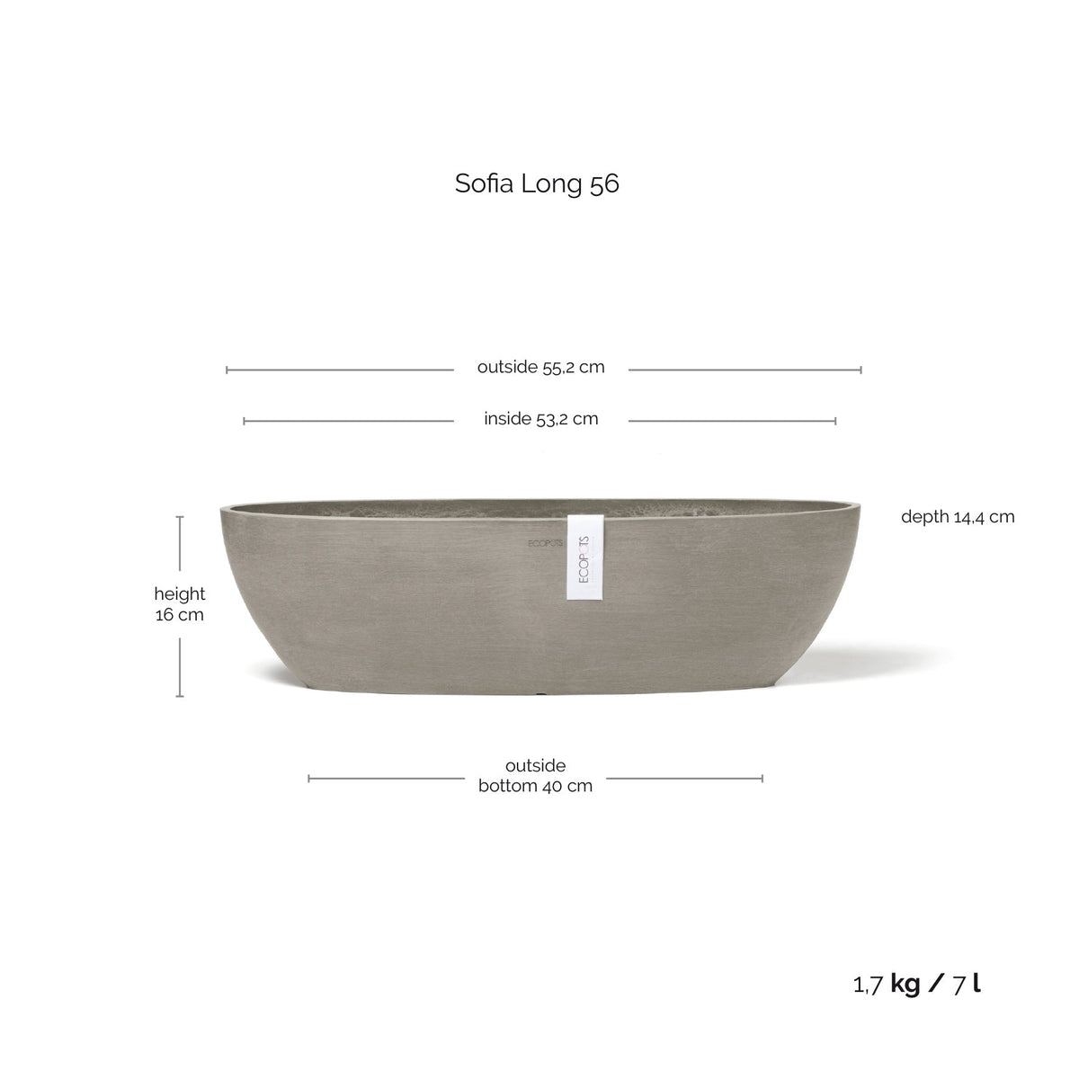 Kukkaruukku Sofia pitkä 56cm taupe – mittapiirros