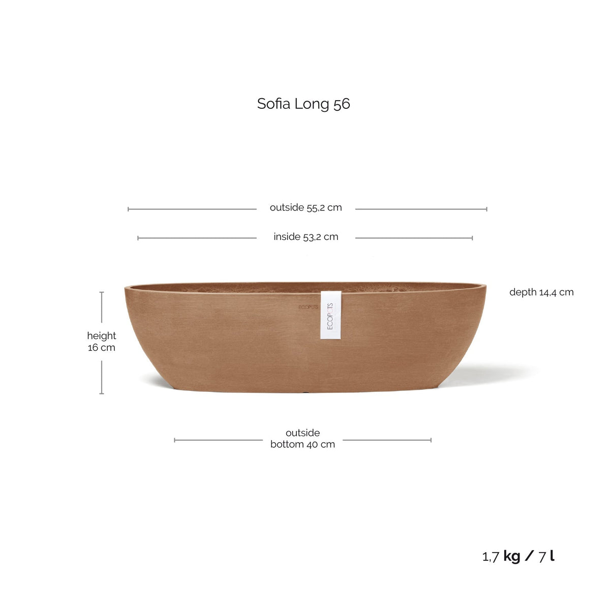 Kukkaruukku Sofia pitkä 56cm terracotta – mittapiirros