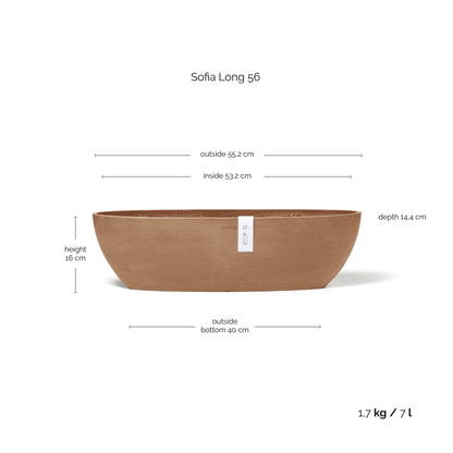 Kukkaruukku Sofia pitkä 56cm terracotta – mittapiirros