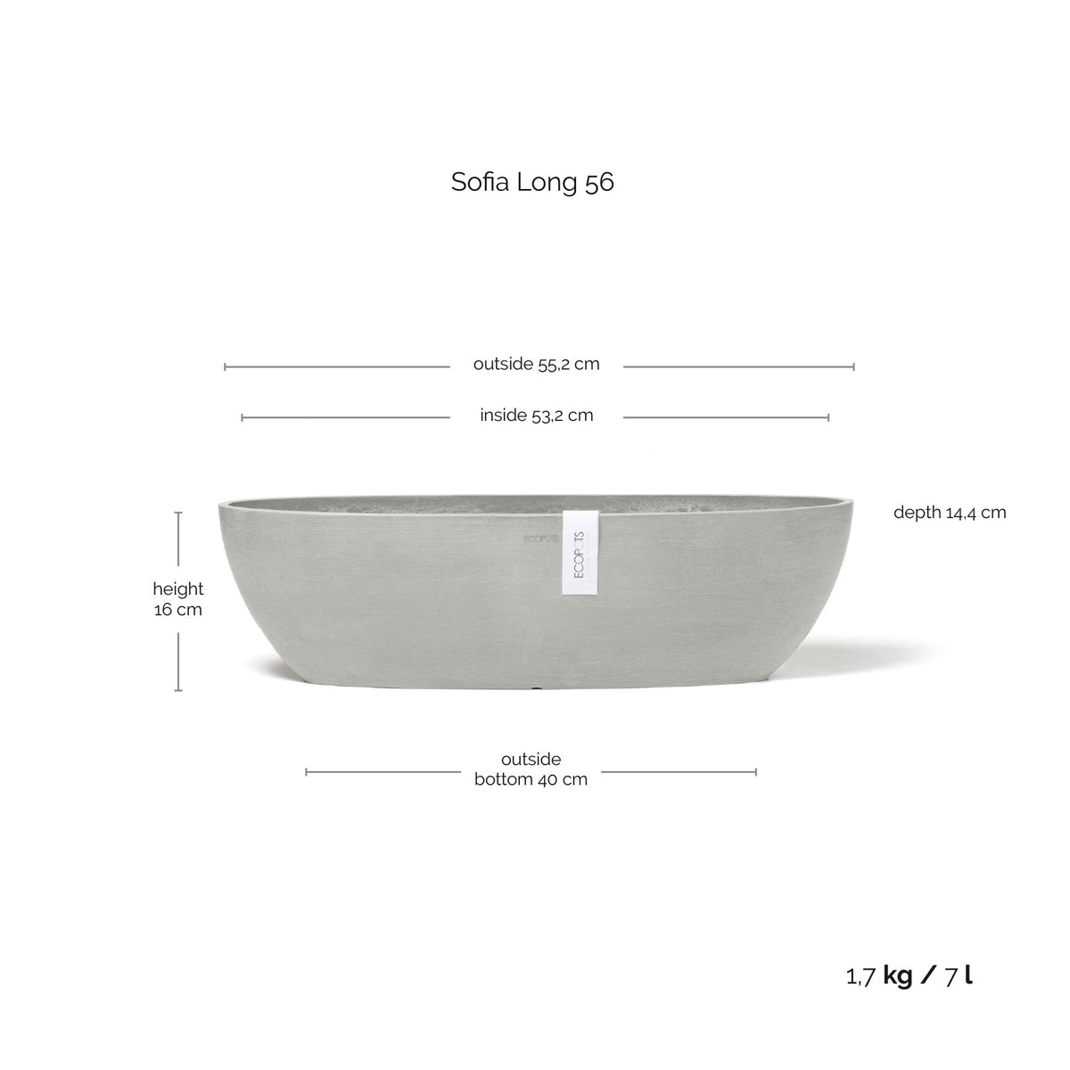 Kukkaruukku Sofia pitkä 56cm valkoharmaa – mittapiirros