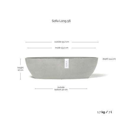 Kukkaruukku Sofia pitkä 56cm valkoharmaa – mittapiirros