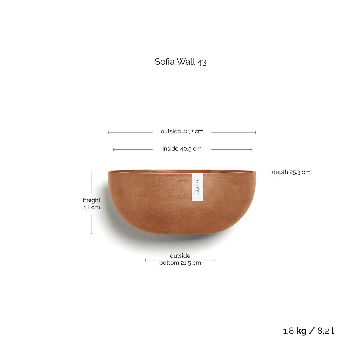 Kukkaruukku Sofia seinälle 43cm terracotta – mittapiirros