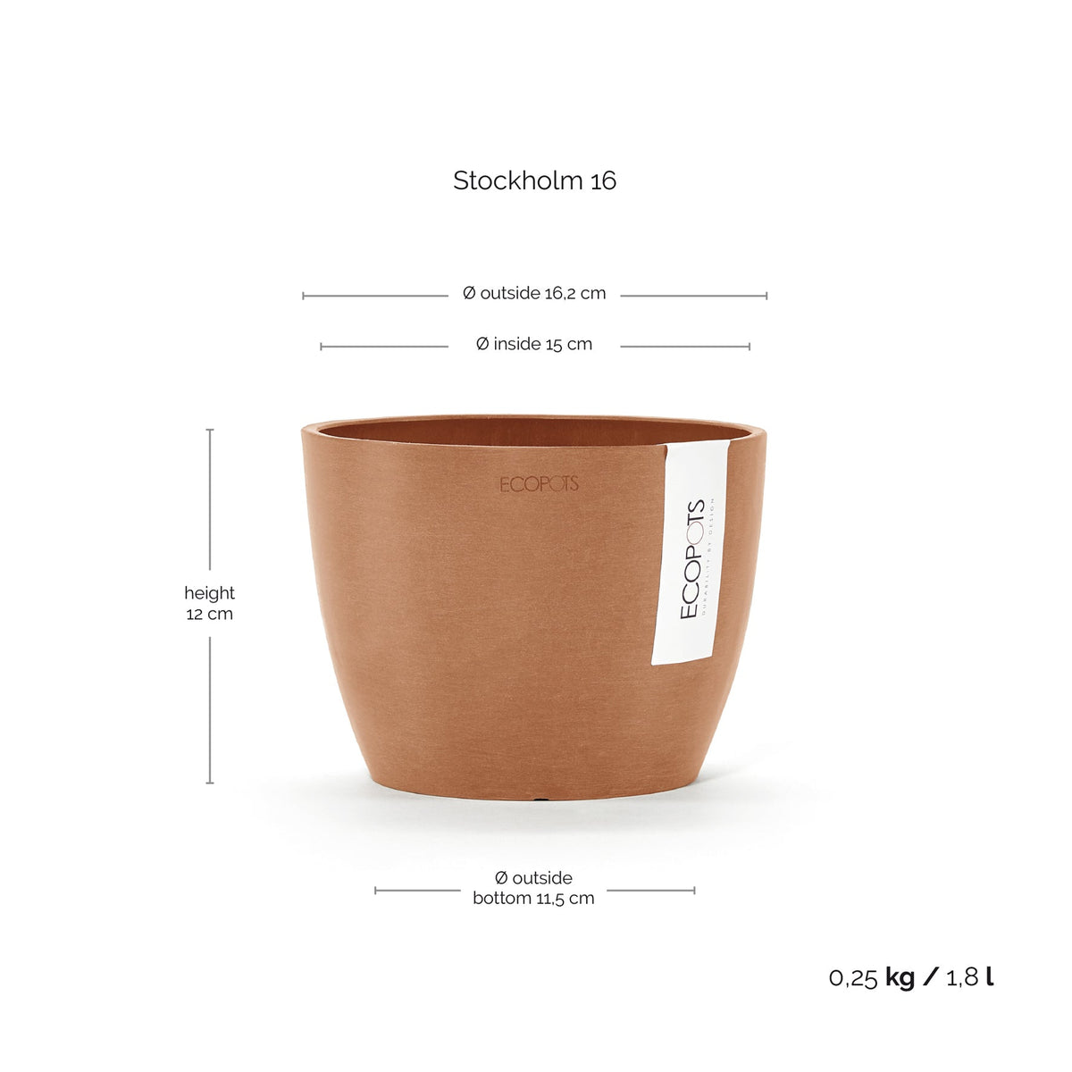 Kukkaruukku Tukholma 16cm terracotta – mittapiirros