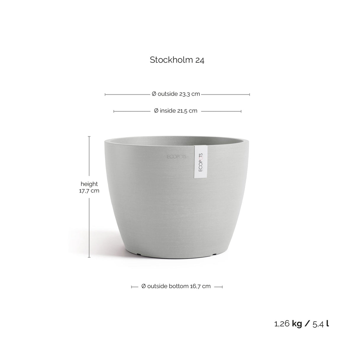 Kukkaruukku Tukholma 24cm valkoharmaa – mittapiirros 3