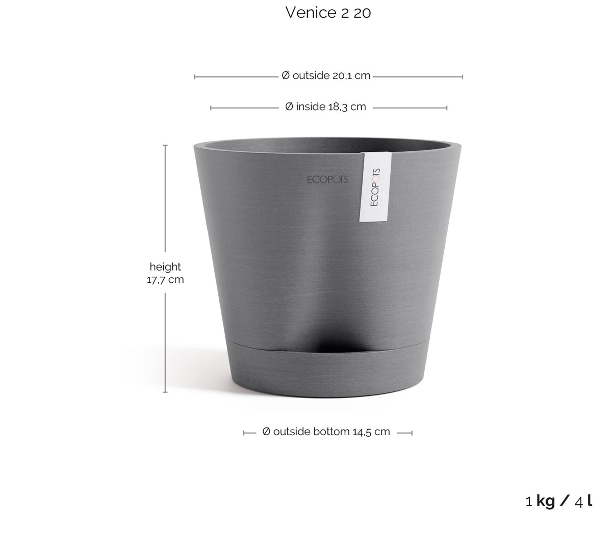 Kukkaruukku Venetsia 2.0 20cm harmaa – mittapiirros