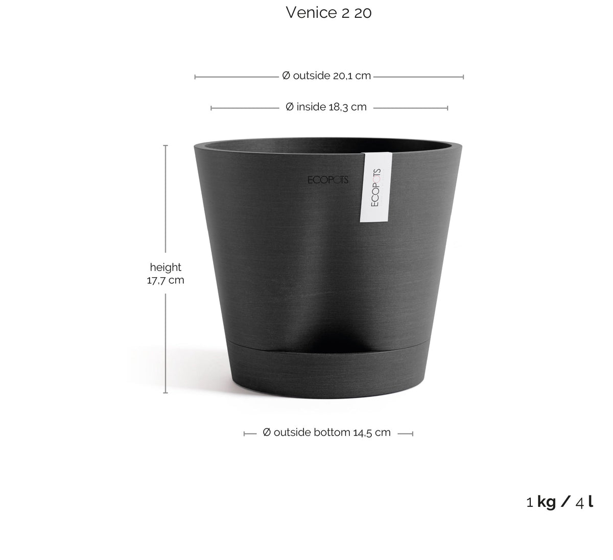 Kukkaruukku Venetsia 2.0 20cm tummanharmaa – mittapiirros