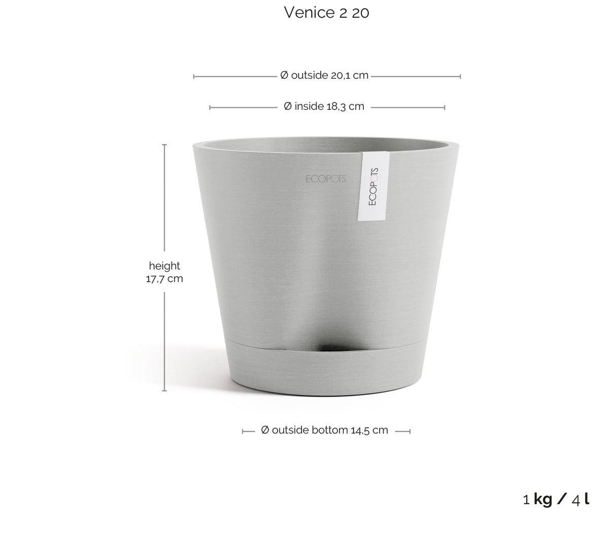 Kukkaruukku Venetsia 2.0 20cm valkoharmaa – mittapiirros