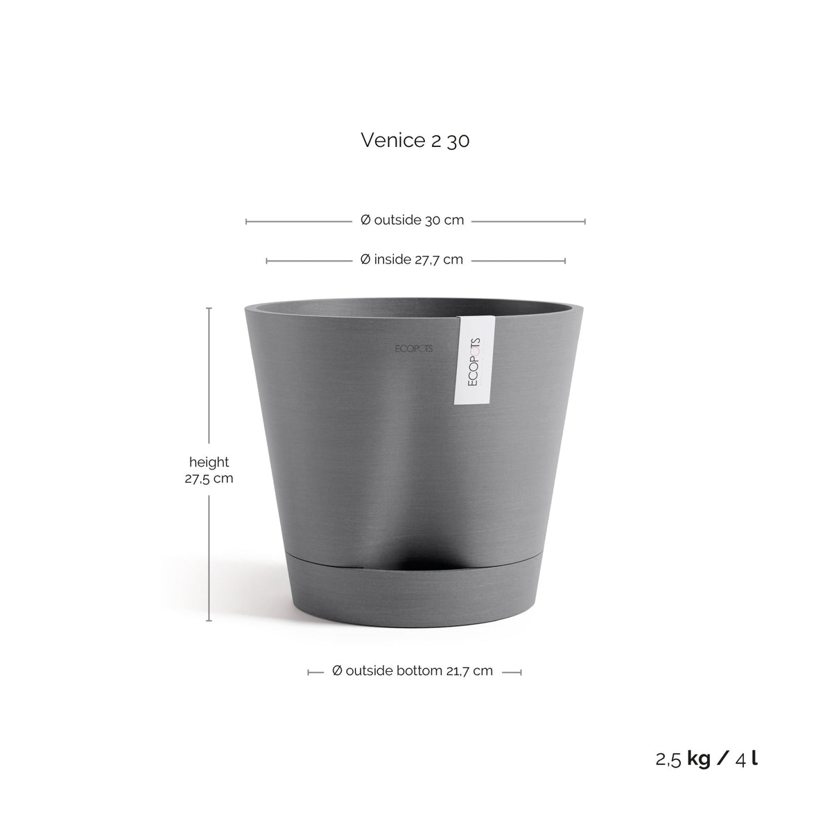Kukkaruukku Venetsia 2.0 30cm harmaa – mittapiirros