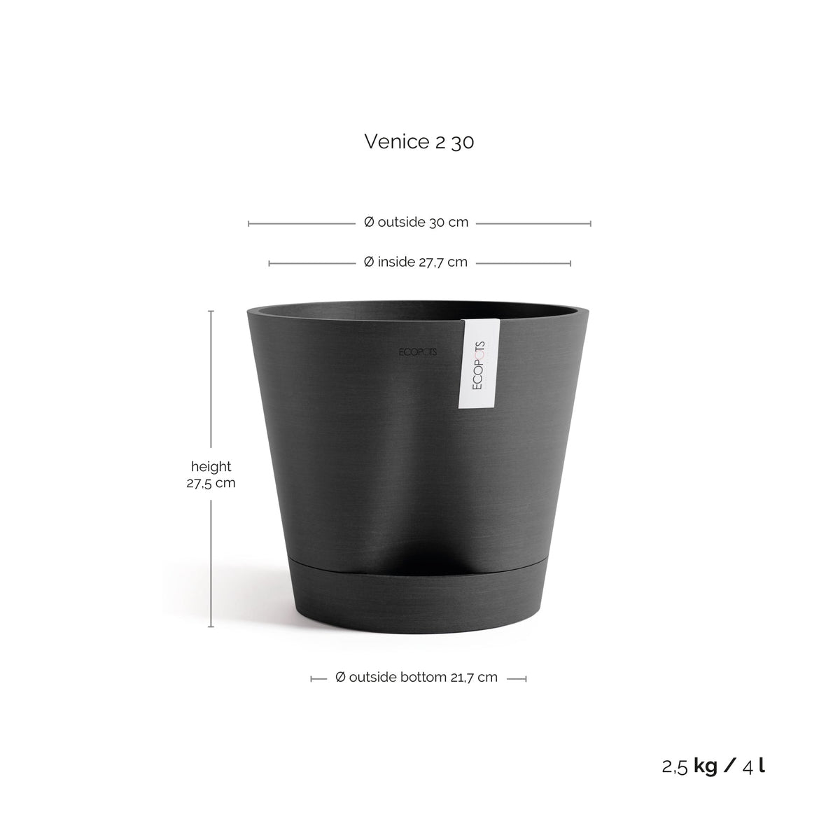 Kukkaruukku Venetsia 2.0 30cm tummanharmaa – mittapiirros