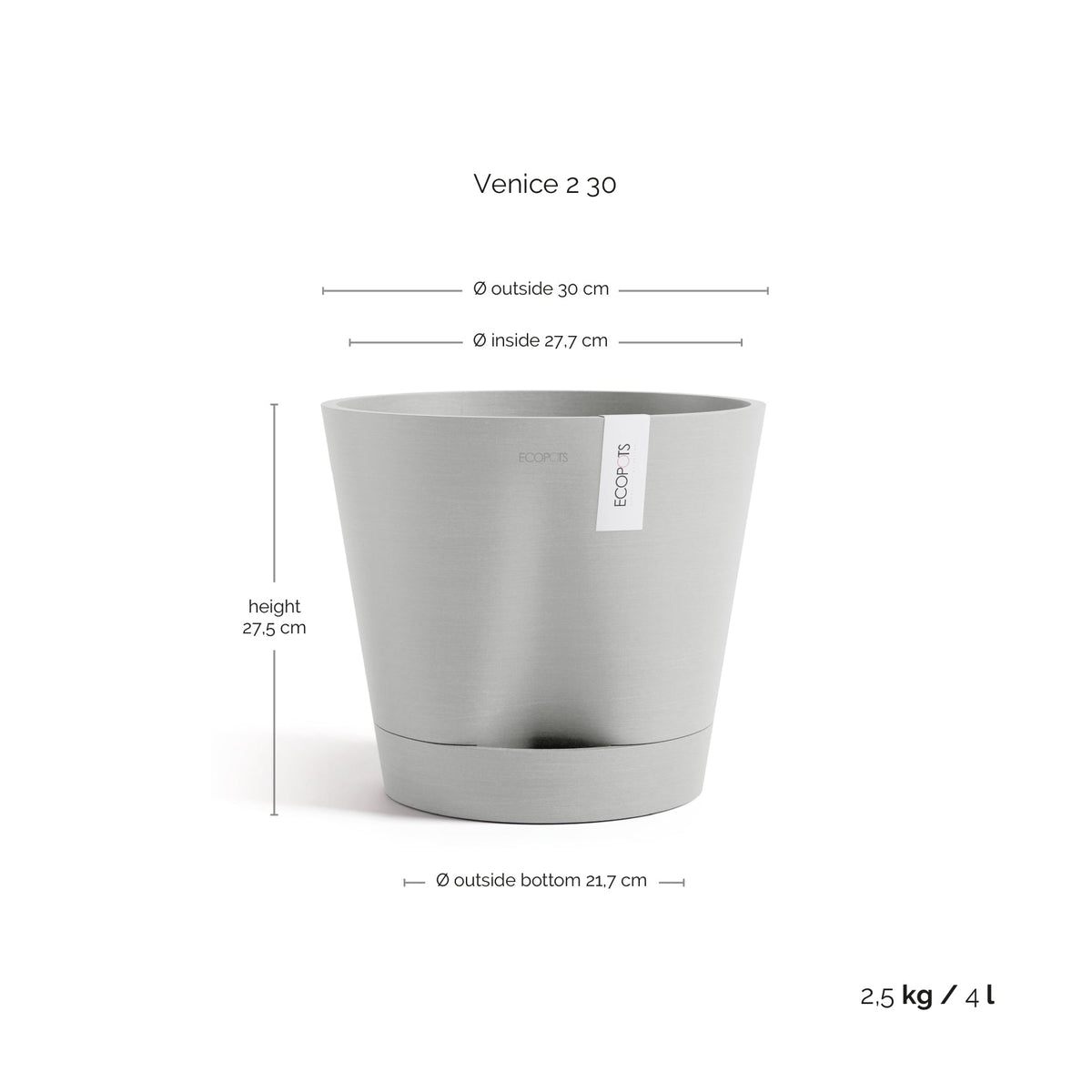 Kukkaruukku Venetsia 2.0 30cm valkoharmaa – mittapiirros
