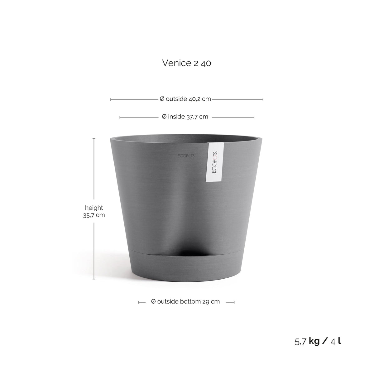 Kukkaruukku Venetsia 2.0 40cm harmaa – mittapiirros
