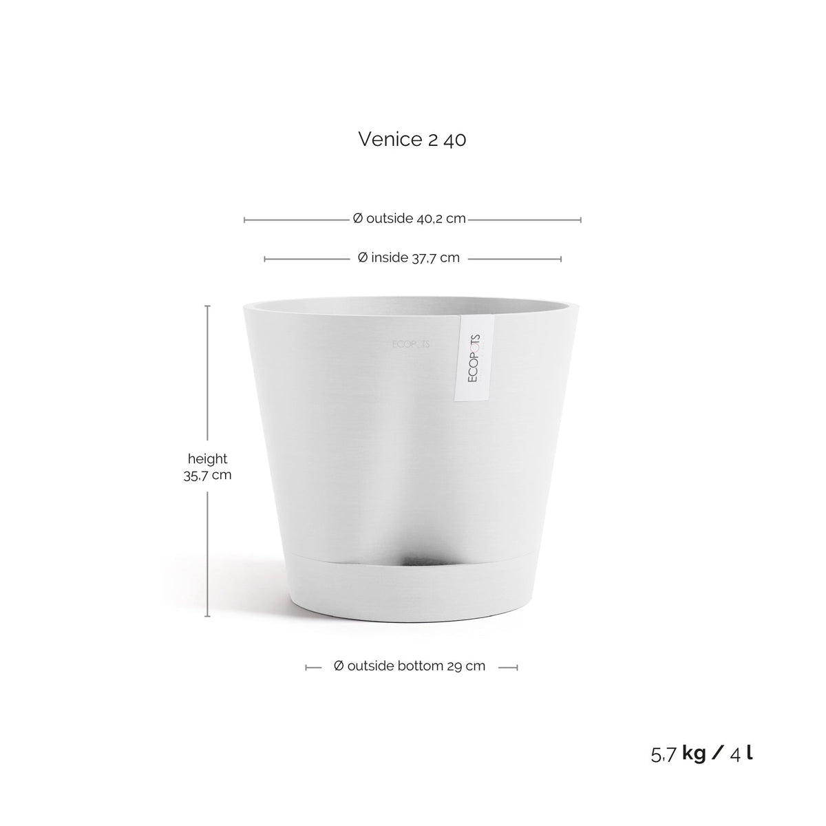 Kukkaruukku Venetsia 2.0 40cm valkoinen – mittapiirros